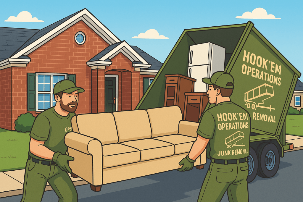 Hook’em Operations crew lifting a beige couch into a branded green dump trailer during a residential furniture junk removal job.